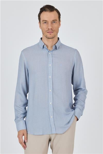 Koyu Mavi Uzun Kol Baskılı Cepsiz Keten Casual Slim Fit Gömlek 1004250112