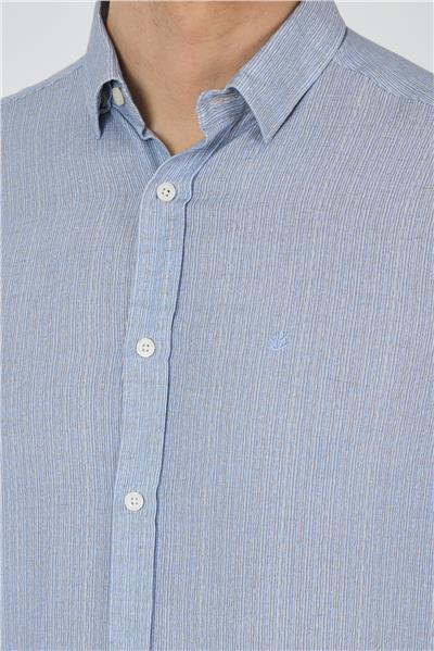 Koyu Mavi Uzun Kol Baskılı Cepsiz Keten Casual Slim Fit Gömlek 1004250112