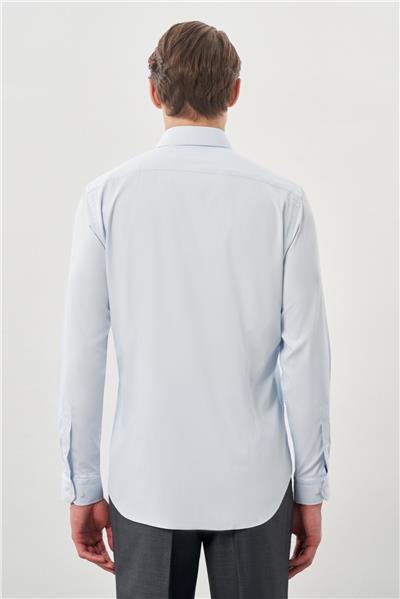Koyu Mavi Uzun Kol Düz Bez Ayağı Sert Yaka Cepsiz Esnek Classic Slim Fit Gömlek 1004245223_300