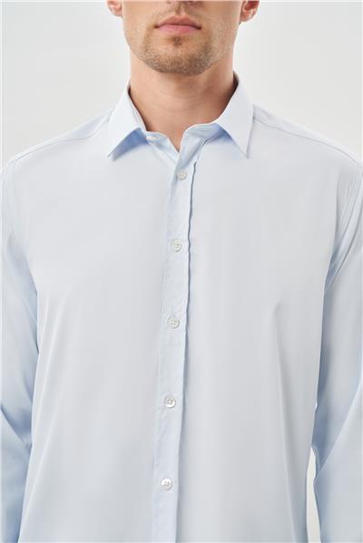 Koyu Mavi Uzun Kol Düz Bez Ayağı Sert Yaka Cepsiz Esnek Classic Slim Fit Gömlek 1004245223_300