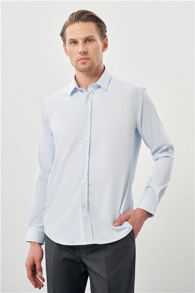 Koyu Mavi Uzun Kol Düz Bez Ayağı Sert Yaka Cepsiz Esnek Classic Slim Fit Gömlek 1004245223_300