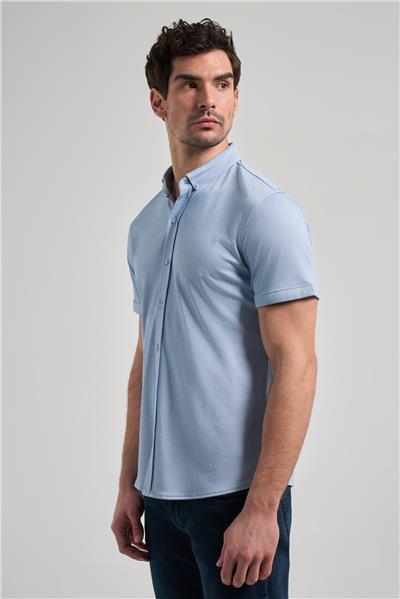 Mavi Uzun Kol Düz Örme Düğmeli Yaka Cepsiz Pamuklu Classic Slim Fit Gömlek 1004250152