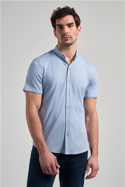Mavi Uzun Kol Düz Örme Düğmeli Yaka Cepsiz Pamuklu Classic Slim Fit Gömlek 1004250152