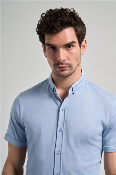 Mavi Uzun Kol Düz Örme Düğmeli Yaka Cepsiz Pamuklu Classic Slim Fit Gömlek 1004250152