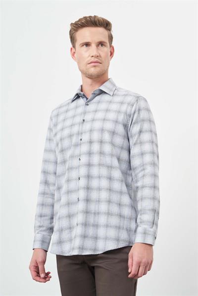 Koyu Mavi Uzun Kol Ekose Desen Gabardin Cepsiz Pamuklu Classic Comfort Fit Gömlek 1004245165