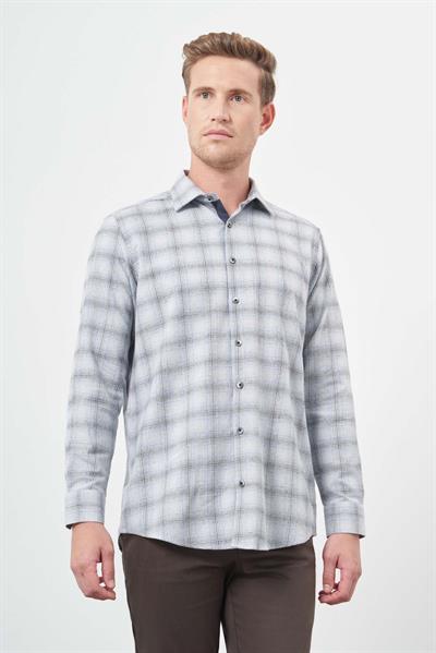 Koyu Mavi Uzun Kol Ekose Desen Gabardin Cepsiz Pamuklu Classic Comfort Fit Gömlek 1004245165