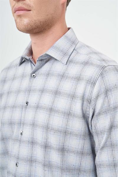 Koyu Mavi Uzun Kol Ekose Desen Gabardin Cepsiz Pamuklu Classic Comfort Fit Gömlek 1004245165