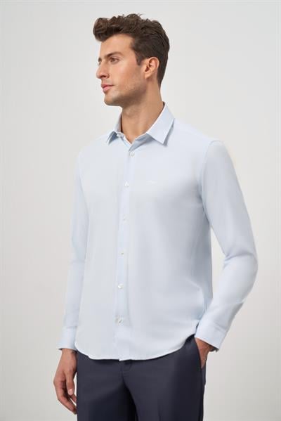 Mavi Uzun Kol Kendinden Desenli Armürlü 32 Sert Yaka Classic Slim Fit Gömlek 1004245152