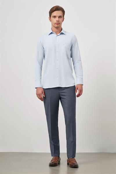 Mavi Uzun Kol Kendinden Desenli Armürlü Sert Yaka Classic Comfort Fit Gömlek 1004245157