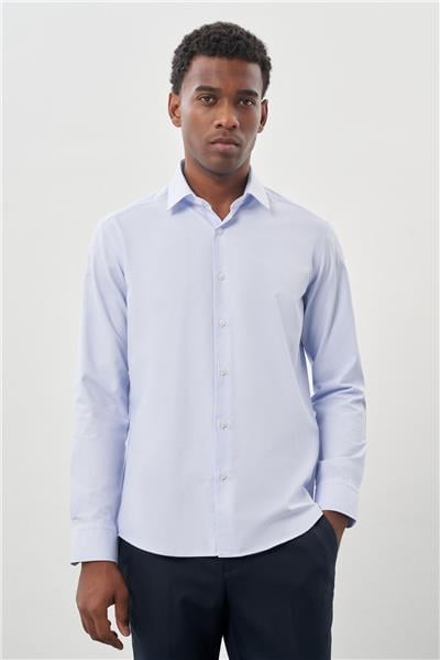 Mavi Uzun Kol Armürlü Sert Yaka Cepsiz Pamuklu Classic Slim Fit Gömlek 1004245226