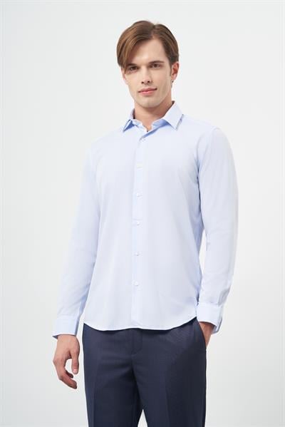 Mavi Uzun Kol Kendinden Armürlü Cepsiz Pamuklu Classic Slim Fit Gömlek 1004245202