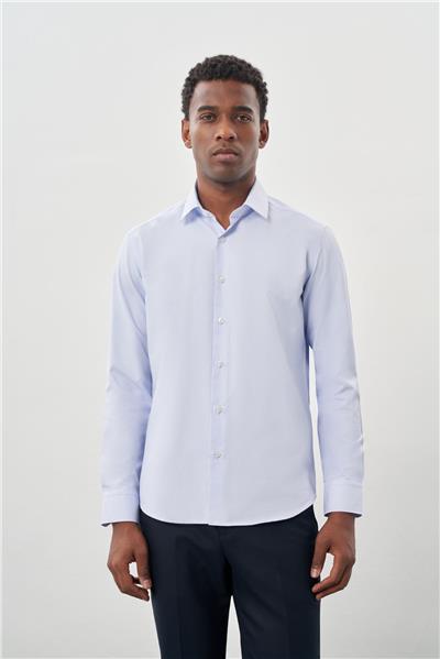 Mavi Uzun Kol Armürlü Sert Yaka Cepsiz Pamuklu Classic Slim Fit Gömlek 1004245226