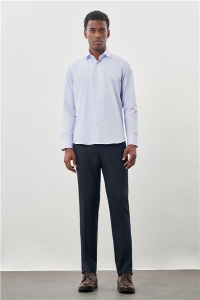Mavi Uzun Kol Armürlü Sert Yaka Cepsiz Pamuklu Classic Slim Fit Gömlek 1004245226