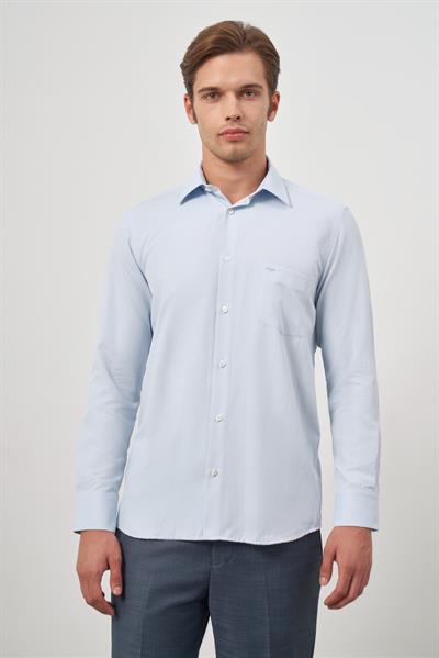Mavi Uzun Kol Kendinden Desenli Armürlü Sert Yaka Classic Comfort Fit Gömlek 1004245157