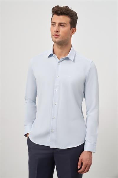 Mavi Uzun Kol Kendinden Desenli Armürlü 32 Sert Yaka Classic Slim Fit Gömlek 1004245152