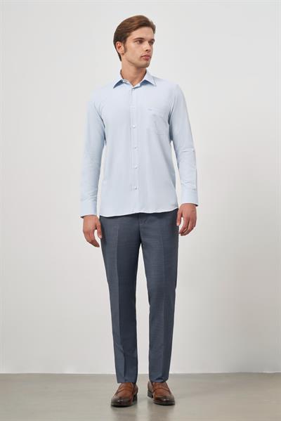Mavi Uzun Kol Kendinden Desenli Armürlü Sert Yaka Classic Comfort Fit Gömlek 1004245157