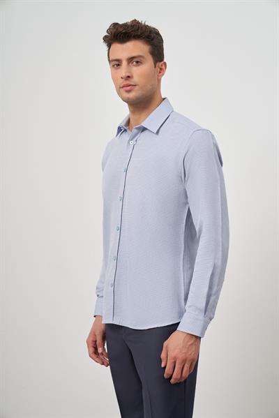 Mavi Uzun Kol Kendinden Armürlü Cepsiz Pamuklu Classic Slim Fit Gömlek 1004245161