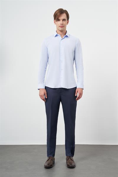 Mavi Uzun Kol Kendinden Armürlü Cepsiz Pamuklu Classic Slim Fit Gömlek 1004245202
