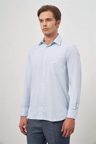 Mavi Uzun Kol Kendinden Desenli Armürlü Sert Yaka Classic Comfort Fit Gömlek 1004245157