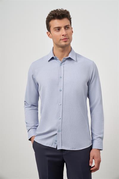 Mavi Uzun Kol Kendinden Armürlü Cepsiz Pamuklu Classic Slim Fit Gömlek 1004245161