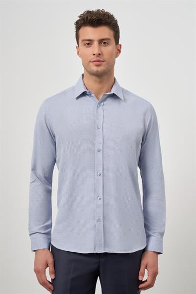 Mavi Uzun Kol Kendinden Armürlü Cepsiz Pamuklu Classic Slim Fit Gömlek 1004245161