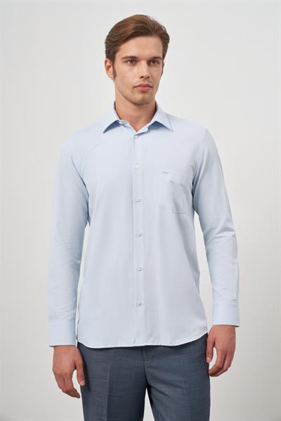 Mavi Uzun Kol Kendinden Desenli Armürlü Sert Yaka Classic Comfort Fit Gömlek 1004245157
