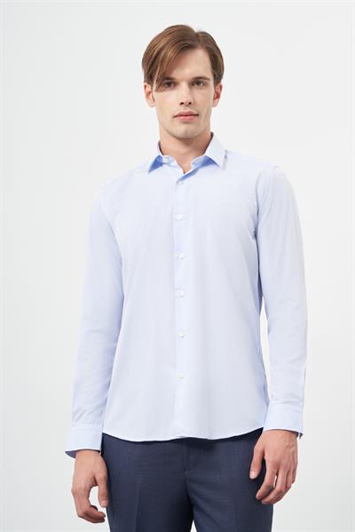 Mavi Uzun Kol Kendinden Armürlü Cepsiz Pamuklu Classic Slim Fit Gömlek 1004245202