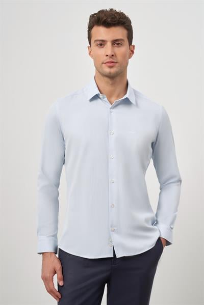 Mavi Uzun Kol Kendinden Desenli Armürlü 32 Sert Yaka Classic Slim Fit Gömlek 1004245152