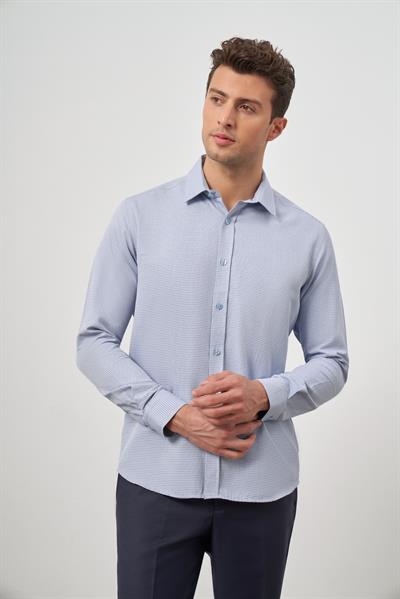 Mavi Uzun Kol Kendinden Armürlü Cepsiz Pamuklu Classic Slim Fit Gömlek 1004245161