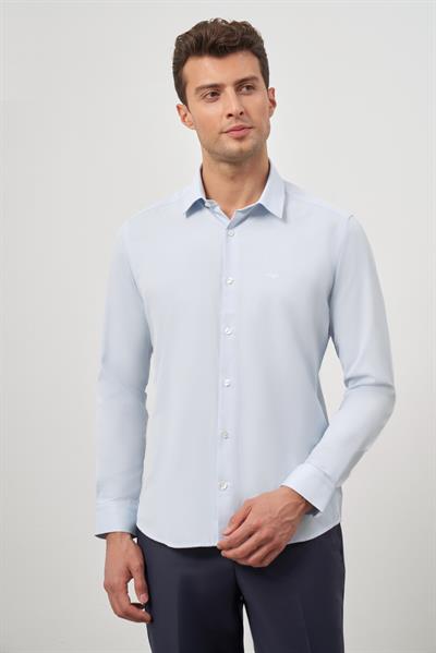 Mavi Uzun Kol Kendinden Desenli Armürlü 32 Sert Yaka Classic Slim Fit Gömlek 1004245152
