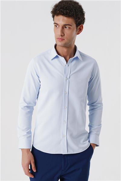Mavi Uzun Kollu Armürlü Cepsiz Pamuklu Likralı Slim Fit Dar Kesim Gömlek 1004240193