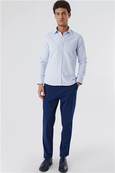 Mavi Uzun Kollu Armürlü Cepsiz Pamuklu Likralı Slim Fit Dar Kesim Gömlek 1004240193