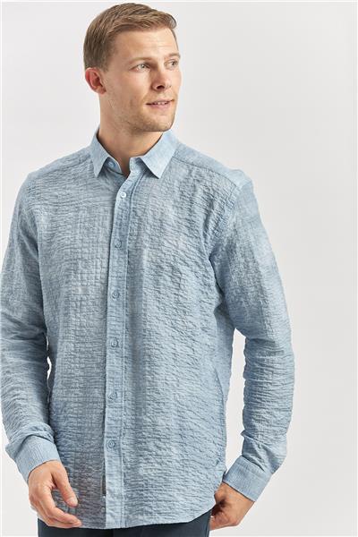 Koyu Mavi Uzun Kollu Baskılı Gofreli Cepsiz Pamuklu Likralı Slim Fit Gömlek 1004240100