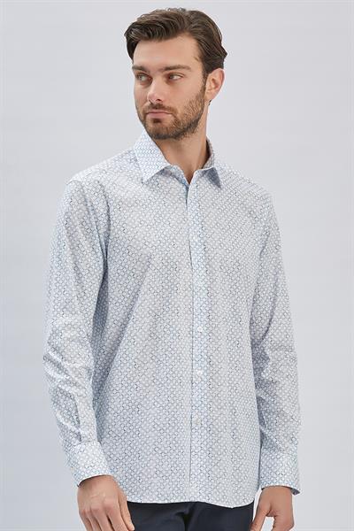 Koyu Mavi Uzun Kollu Baskılı  Sert Yaka Cepli Klasik Comfort Fit Gömlek 1004240107