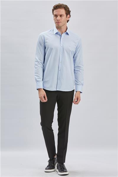 Koyu Mavi Uzun Kollu Bez Ayağı Sert Yaka Cepsiz Pamuklu Klasik Slim Fit Dar Kesim Gömlek 1004240230