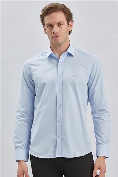 Koyu Mavi Uzun Kollu Bez Ayağı Sert Yaka Cepsiz Pamuklu Klasik Slim Fit Dar Kesim Gömlek 1004240230