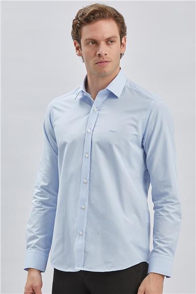 Koyu Mavi Uzun Kollu Bez Ayağı Sert Yaka Cepsiz Pamuklu Klasik Slim Fit Dar Kesim Gömlek 1004240230