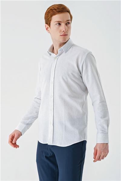 Koyu Mavi Uzun Kollu Biritli Yaka Pamuklu Likralı Casual Slim Fit Gömlek 1004240233