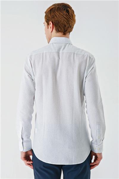 Koyu Mavi Uzun Kollu Biritli Yaka Pamuklu Likralı Casual Slim Fit Gömlek 1004240233