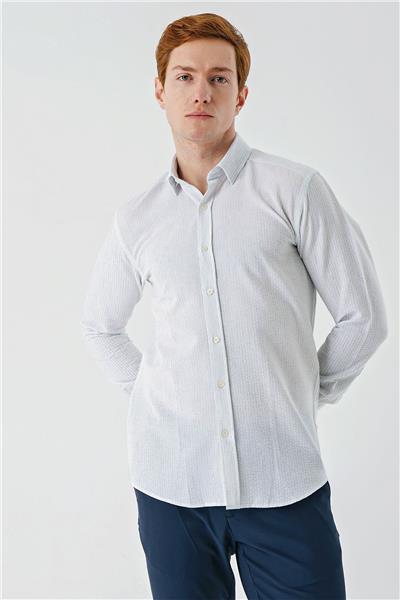Koyu Mavi Uzun Kollu Biritli Yaka Pamuklu Likralı Casual Slim Fit Gömlek 1004240233