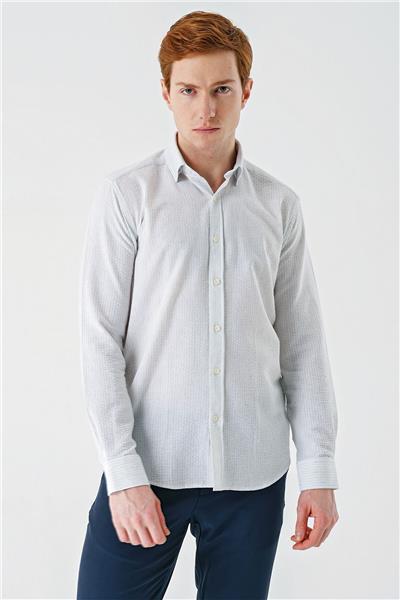Koyu Mavi Uzun Kollu Biritli Yaka Pamuklu Likralı Casual Slim Fit Gömlek 1004240233