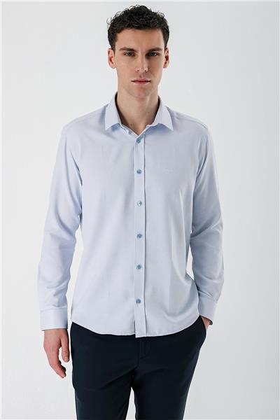 Mavi Uzun Kollu Armürlü Cepsiz Pamuklu Slim Fit Gömlek 1004235171
