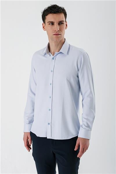 Mavi Uzun Kollu Armürlü Cepsiz Pamuklu Slim Fit Gömlek 1004235171