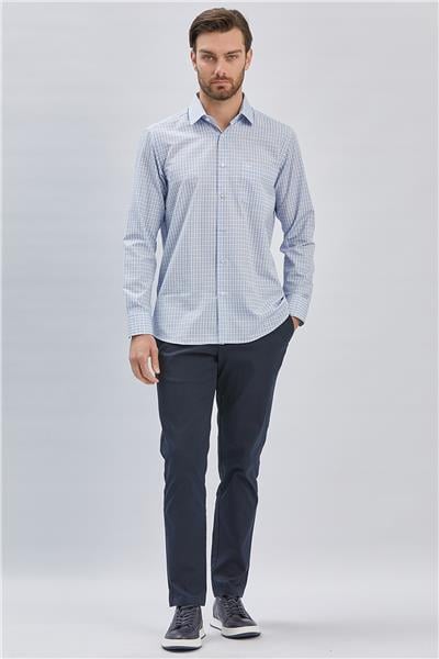 Koyu Mavi Uzun Kollu Ekoseli Cepli Pamuklu Klasik Comfort Fit Rahat Kesim Gömlek 1004240224