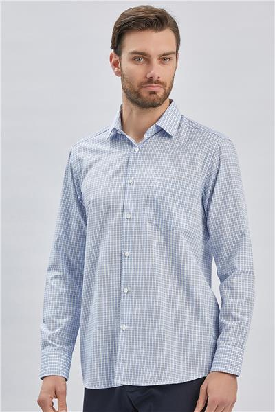 Koyu Mavi Uzun Kollu Ekoseli Cepli Pamuklu Klasik Comfort Fit Rahat Kesim Gömlek 1004240224