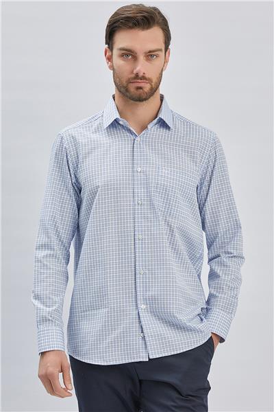 Koyu Mavi Uzun Kollu Ekoseli Cepli Pamuklu Klasik Comfort Fit Rahat Kesim Gömlek 1004240224