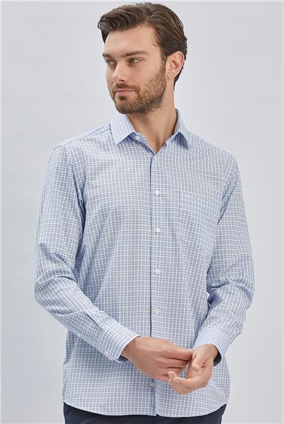 Koyu Mavi Uzun Kollu Ekoseli Cepli Pamuklu Klasik Comfort Fit Rahat Kesim Gömlek 1004240224