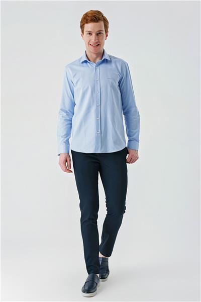 Mavi Uzun Kollu Oxford Cepsiz Pamuklu Klasik Slim Fit Dar Kesim Gömlek 1004240235