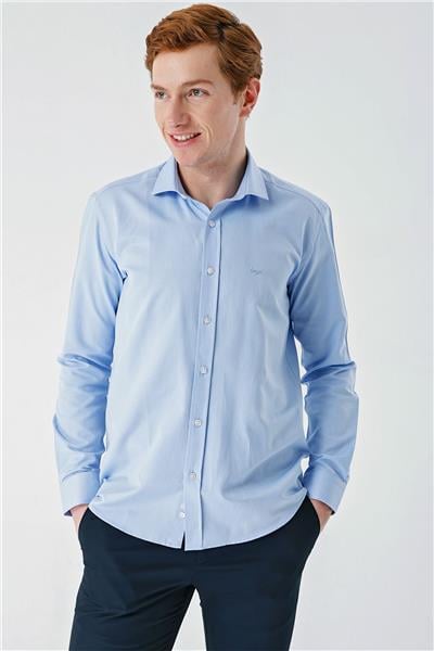 Mavi Uzun Kollu Oxford Cepsiz Pamuklu Klasik Slim Fit Dar Kesim Gömlek 1004240235