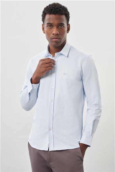 Koyu Mavi Uzun Kollu Sert Yaka Cepsiz Pamuklu Likralı Klasik Slim Fit Dar Kesim Gömlek 1004245234
